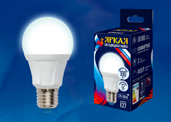 LED-A60 12W/NW/E27/FR PLP01WH Лампа светодиодная. Форма «А», матовая. Серия Яркая. Белый свет (4000K